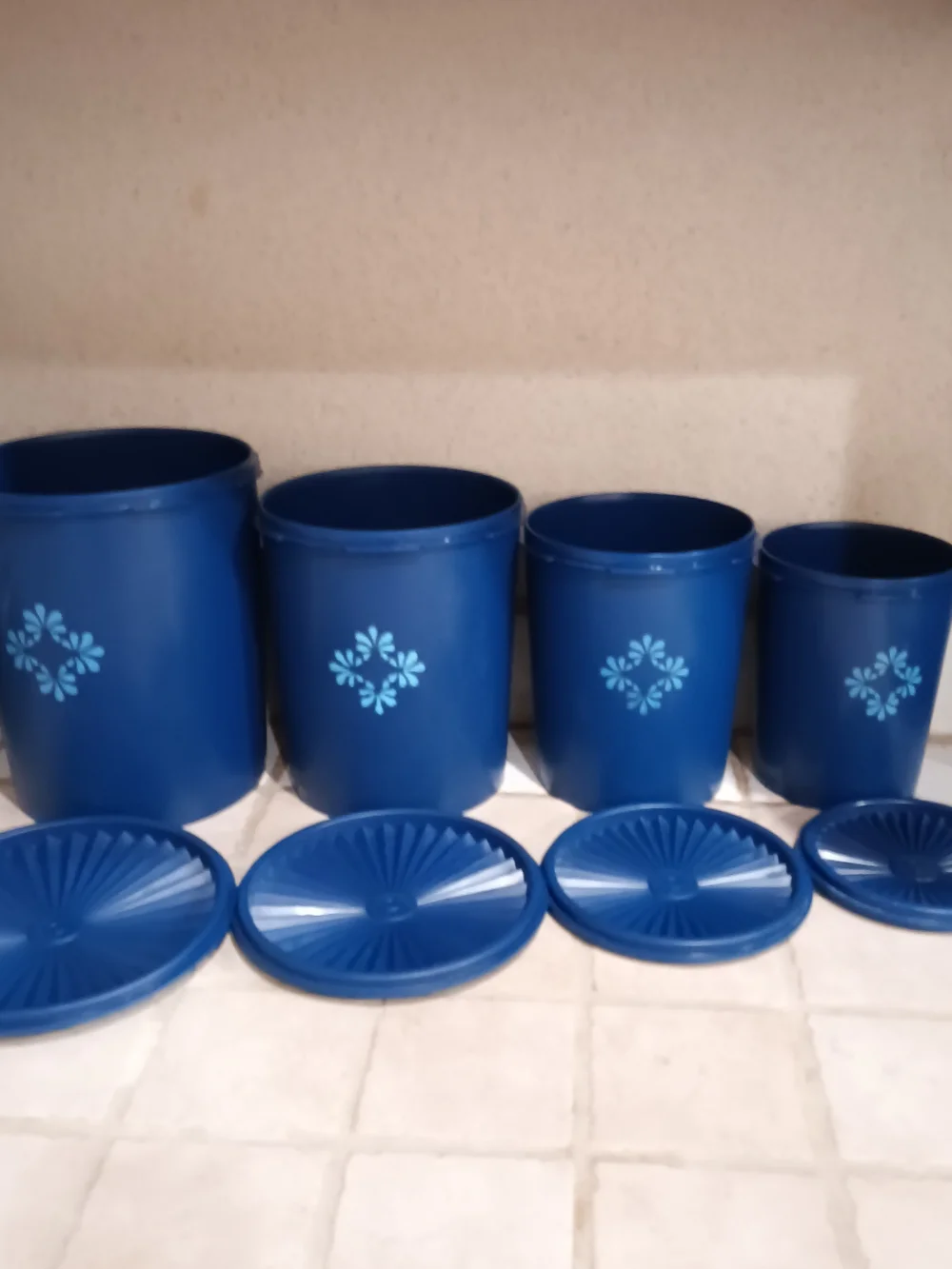 Vintage Tupperware Blue PlasticRetro Floral Canisters 4 Piece Set w/Lids.